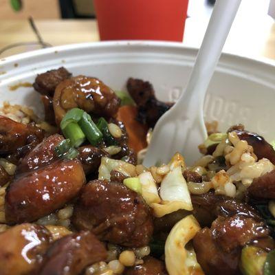 The Chicken Bowl works, with brown rice and veggies.