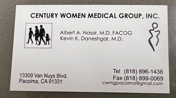 Business Card for Century Women Medical Group, Inc. in Pacoima.
Obstetrics and Gynecologist Medical Clinic