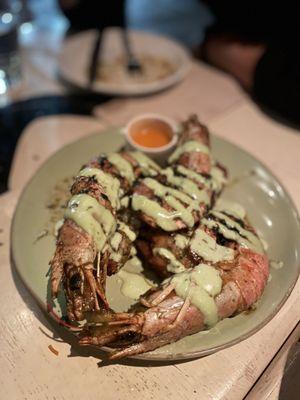 Ruby prawns, herbed shrimp toast, ginger scallion butter