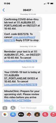 My texts from CVS. Looks like they just forgot one thing: to notify me that weren't going to honor my reservation.