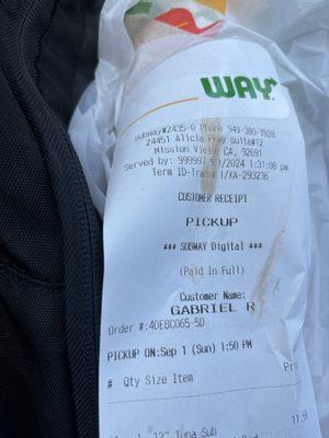 Receipt for my order