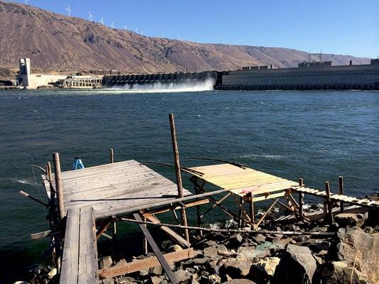 Indian fishing scaffolds below John Day Dam.