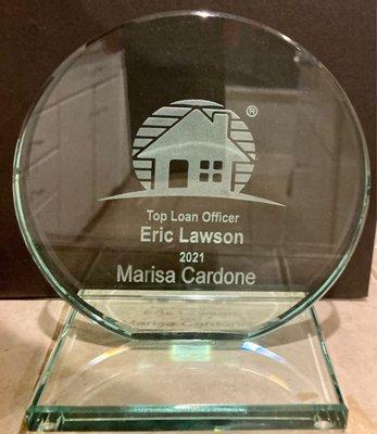 Eric Lawson & Marisa Cardone 2021 Top Mortgage Loan Producer Award