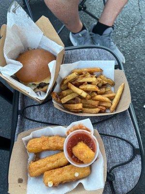 Smash burger, fries, and mozzarella sticks