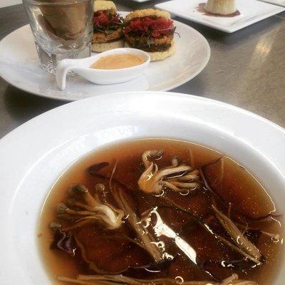 Vegan Dashi Miso Soup with Roasted Enoki and Oyster Mushrooms