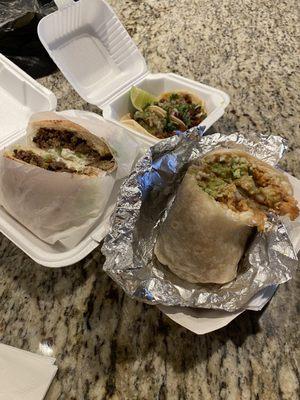 Clockwise from right-a Shrimp Super Burrito, Carne Asada Torta and Al Pastor tacos.