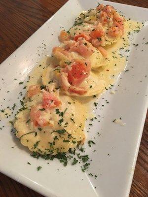 Lobster ravioli with a fresh tomato vodka Sacco...