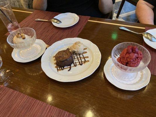 Hazelnut gelato, lava cake, raspberry sorbet