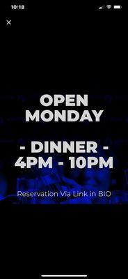 Open Mondays for LUNCH @ 12PM & DINNER @ 4PM  Walk-Ins Welcome