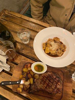 Oxtail ravioli and the Rib Eye Steak