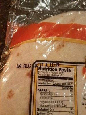 Tortillas bought on 8-16-2017