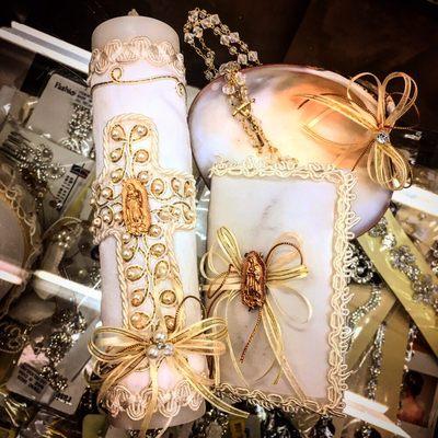 New silk hand made ivory baptism candle set, includes candle bible rosary shell and towel