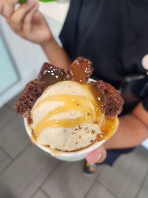 Milk coffee with brownies and caramel sauce