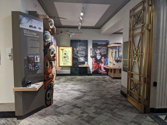 Right side of the front gallery, featuring the exhibit People, Land, and Water, an orientation to The Department of the Interior