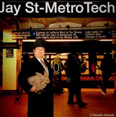 MTA - Jay Street - Metro Tech subway station. Dr. Takeshi Yamada and Seara (Coney Island sea rabbit). Platform with the big station sign.