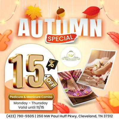 AUTUMN SPECIAL 
As the leaves change, so can your look! 
Treat yourself to our Autumn Special at Nails Of America