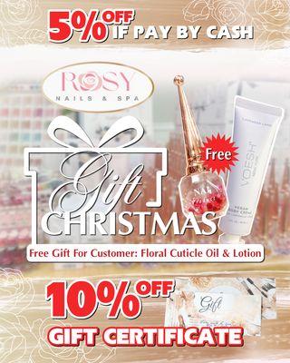 Rosy Nails Spa FREE CHRISTMAS GIFT  Cuticle Oil & Lotion! Current promotion: 10% OFF GIFT CERTIFICATE & 5% OFF if pay by cash