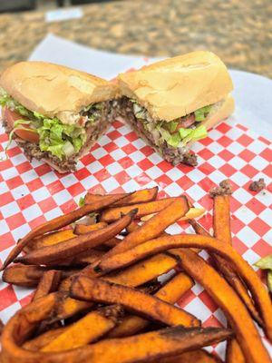 NY STYLE CHOP CHEESE WITH SWEET POTATO FRIES