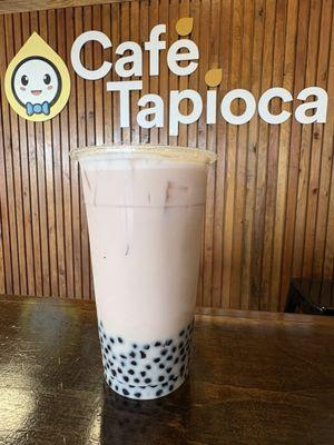 Rose milk tea and small boba.50% sweetness is plenty.