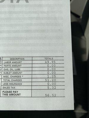 Woohoo, $56.52 for an oil change!