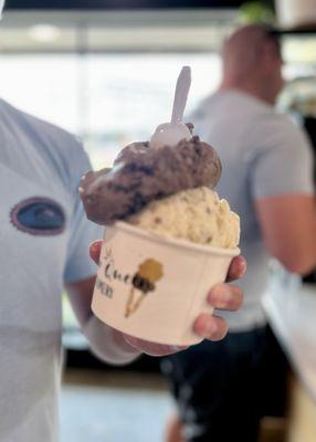 3 scoops - browned butter pecan, mocha brownie, Amish peanut butter