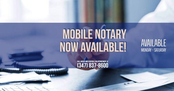 Mobile Notary now available! Give us a call at our dedicated Mobile Notary line to schedule an appointment.