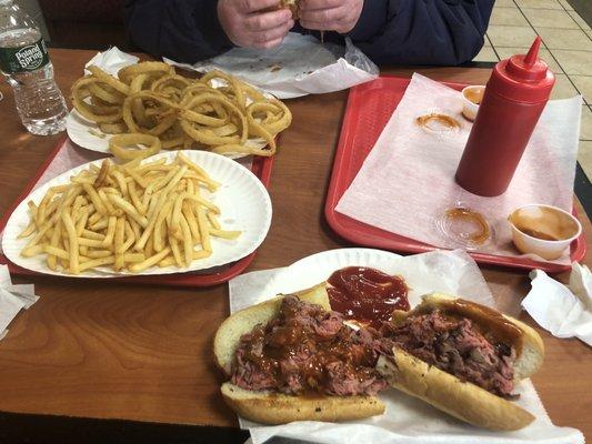 Large roast beef and medium French fries,medium fresh onion rings