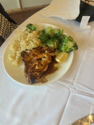 Teriyaki shrimp, rice pilaf, and broccoli