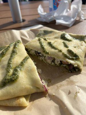 Inside chicken pesto crepe