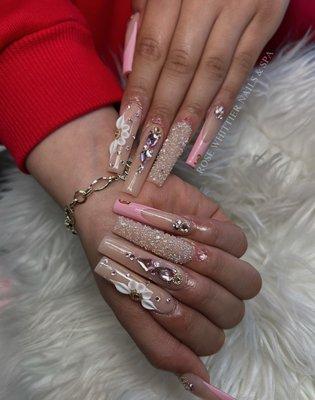 Long Acrylic Full Set with Flowers, Pink Crystals and Swarovski Diamonds