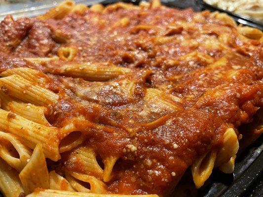 Pasta Bucket with meat sauce rich and delicious- ziti as the pasta option