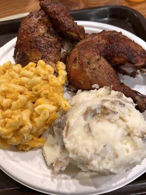 Half chicken, mashed potatoes, Mac and cheese.