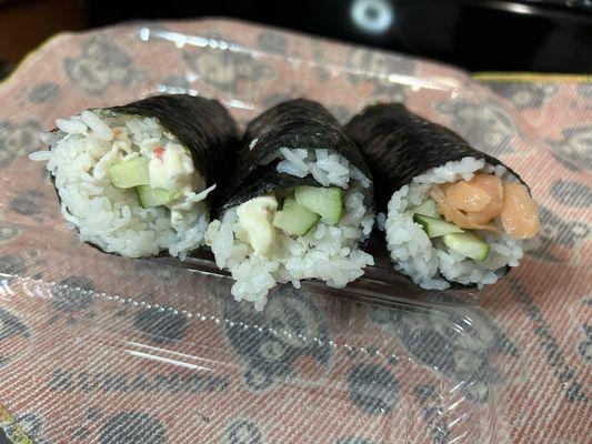 Crab Roll (left, and middle), and Salmon Roll (right)