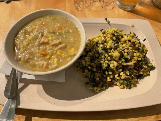 What a great meal for a chilly evening: Chipotle chicken and rice soup and a side of Israeli couscous.