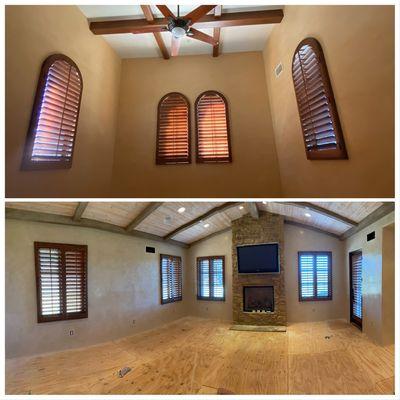 Another beautiful install by Orange County Shutters. A teak stain add a warm and rich look to these arched top windows. Simply stunning