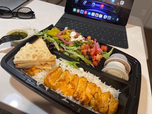 Flat Cut Chicken Kabob Plate (w/ a Modern Greek Salad and a side of schug)