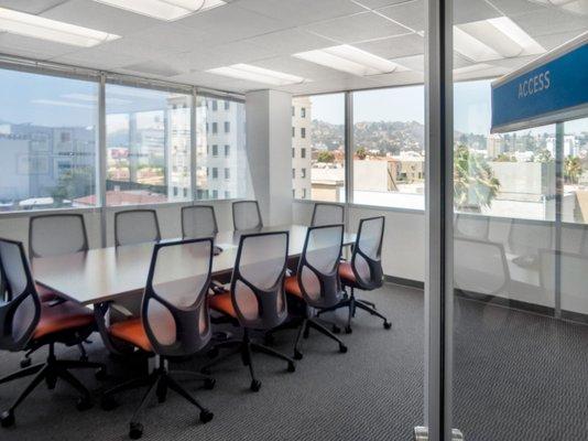 Corner conference room with panoramic views over Sunset Boulevard.