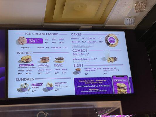 Ice cream, wich, sundae, cake, combos and sides menu at Insomnia Cookies in San Francisco's Rincon Hill.