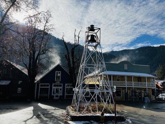 The town whistle next to the Cold Rush downtown Downieville.