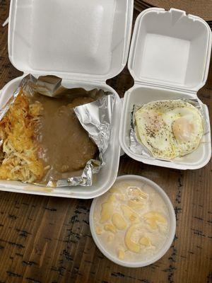 Country fried Steak, Eggs, and Mac and Cheese