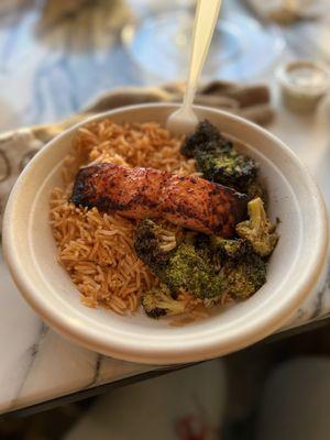 Salmon, rice, broccoli