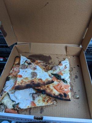 5 slices leftover from a large pizza..you would think after spending $30 on a large pizza they would splurge on a larger box.