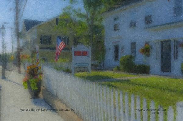 Impressionist style painting by artist Bill McEntee of Walter's Barber Shop in Easton, MA