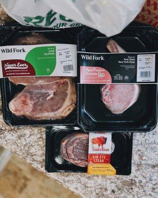 Bone-in lamb leg steaks / $10.98/lb, Aged premium Berkshire pork bone-in New York chop / $9.98/lb + Bison rib-eye steak / $17.98