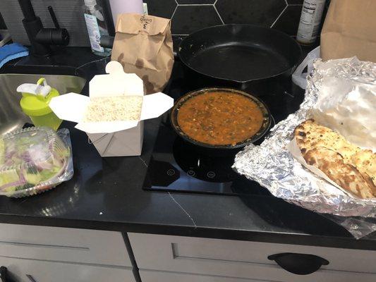 All the goodies, side salad, basmati rice, chicken keema and garlic naan