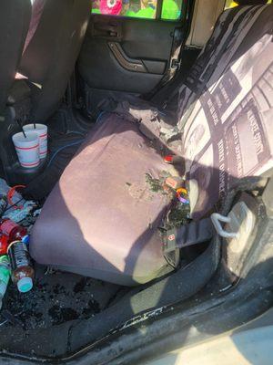 Busted glass inside our jeep and ransacked