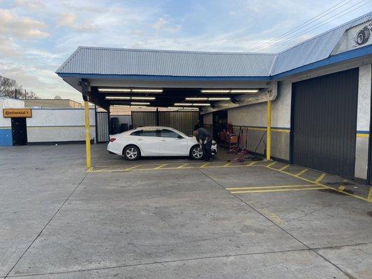 A view of the parking lot and service area