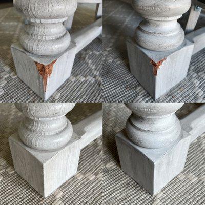 Before/After - dog chews on white/grey dining table base