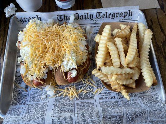 Two dogs and fries