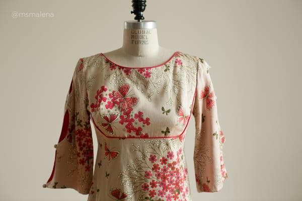 Vintage 1960s Alfred Shaheen Japanese Inspired Kimono Dress with Floral and Butterfly Print